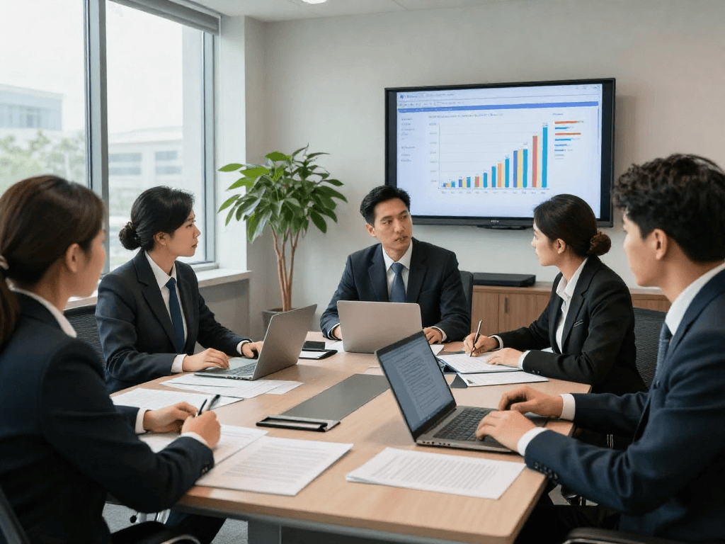 Team discussing a merchant cash advance lawsuit in a modern legal office.