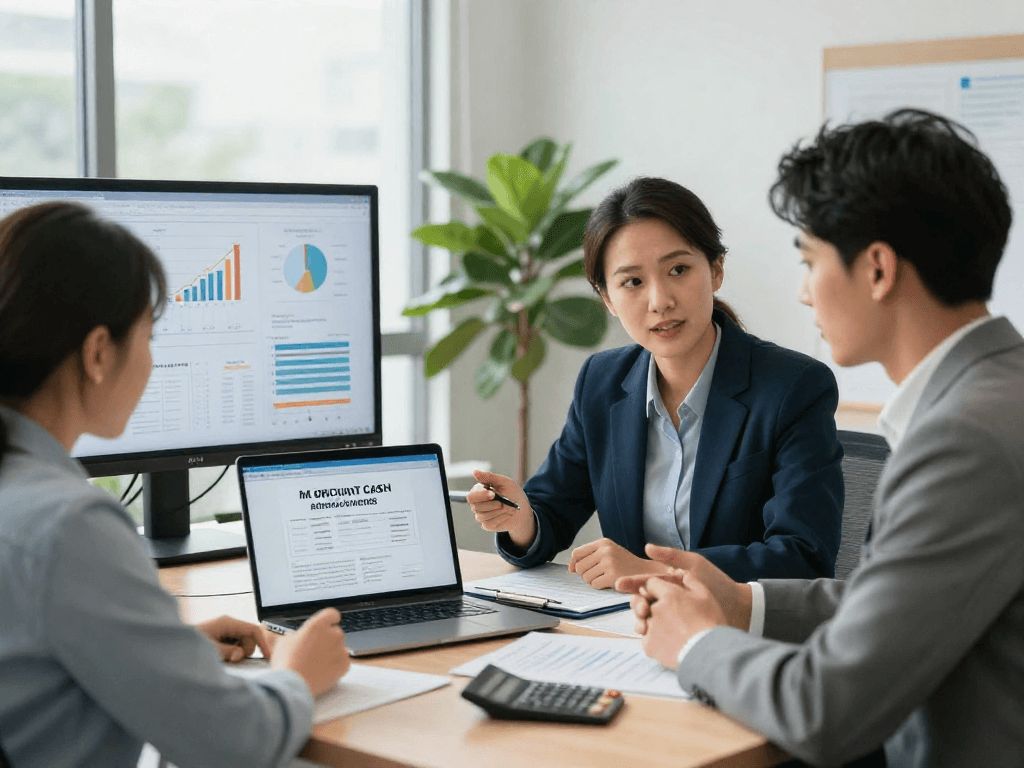 Business owner exploring options with merchant cash advance companies in a modern office setting.